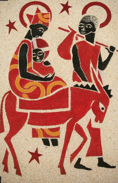 De vlucht naar Egypte. De fresco in de Keur Moussa abdijkerk werd ontworpen en geschilderd in 1963 door Dom Georges Saget, Keur Moussa, Senegal door Unbekannt