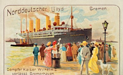 De reus SS Kaiser Wilhelm II vertrekt van de kade in Bremerhaven, Duitsland, 1905 door Unbekannt