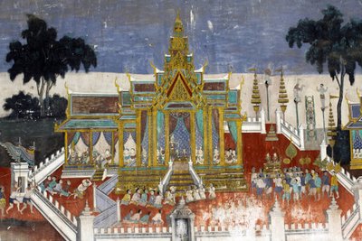 Het interieur van de muren van de Zilveren pagode is bedekt met muurschilderingen die verhalen uit de Reamker uitbeelden, d.w.z. de Khmer-versie van het klassieke Indiase epos, de Ramayana. Sommige delen van de muurschilderingen zijn verslechterd en bescha door Unbekannt