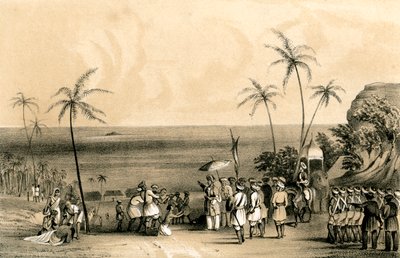 De kooplieden van Calicut gevangen en geketend aan een kale rots op bevel van Tippoo Saib, 1847 door Unbekannt