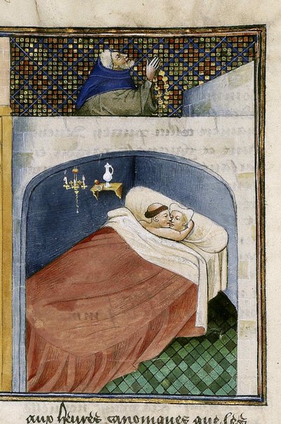 De monnik slaapt met de vrouw terwijl de man bidt, 1460s door Unbekannt