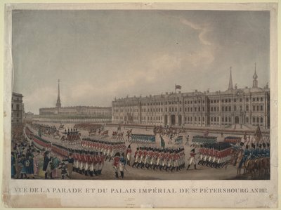 De parade voor het Winterpaleis in Sint-Petersburg in 1812 door Unbekannt