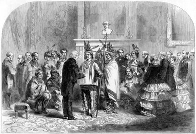 De president van de Verenigde Staten die de vijandige stammen overhaalt om handen te schudden, 1858 door Unbekannt