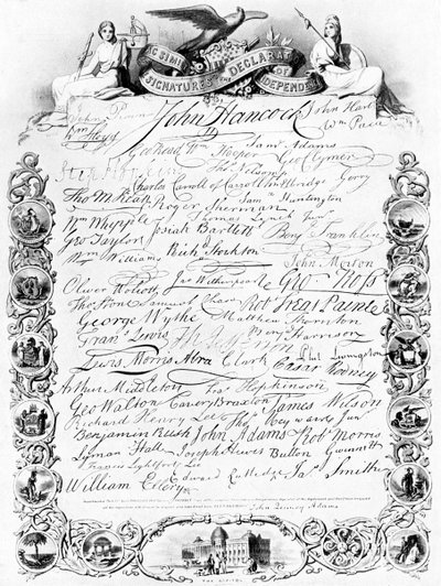 De handtekeningen onder de Amerikaanse Onafhankelijkheidsverklaring, ca. 1776 door Unbekannt