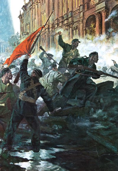 De bestorming van het Winterpaleis, St. Petersburg, Russische Revolutie, oktober 1917 door Unbekannt