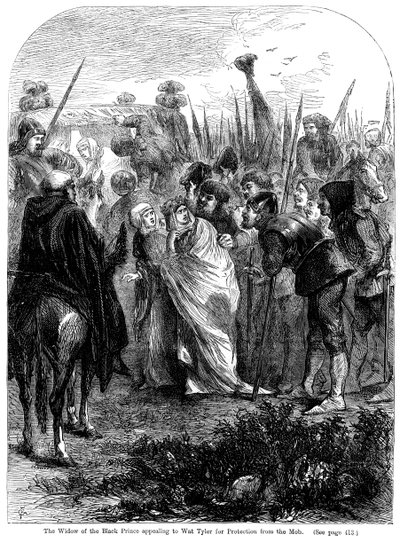 De weduwe van de Zwarte Prins smeekt Wat Tyler om bescherming tegen de menigte, 1381 door Unbekannt