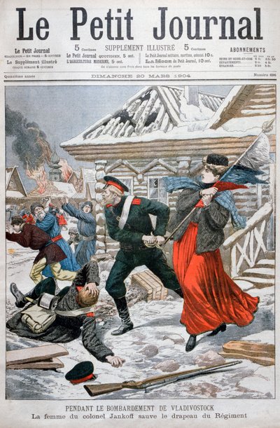 De vrouw van kolonel Jankoff redt de regimentsvlaggen, bombardement van Vladivostok, 1904 door Unbekannt