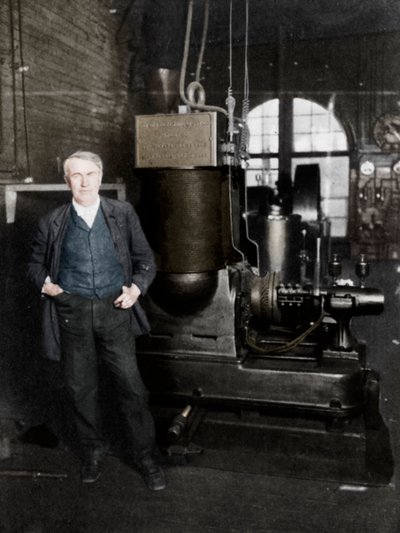 Thomas Alva Edison, Amerikaanse uitvinder, met zijn eerste dynamo voor het produceren van elektrisch licht door Unbekannt