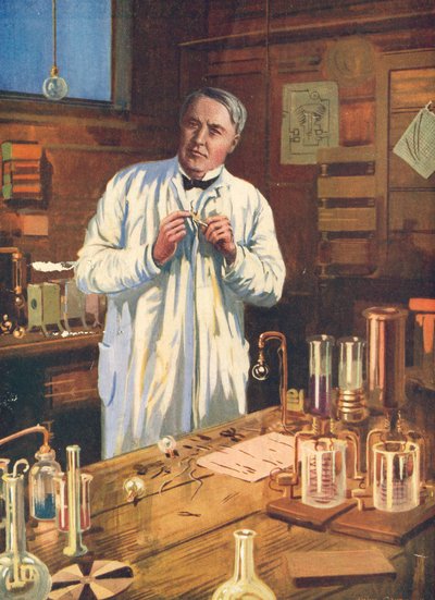 Thomas Edison, Amerikaanse uitvinder, in zijn laboratorium, Menlo Park, New Jersey, VS, 1870s 1920s door Unbekannt