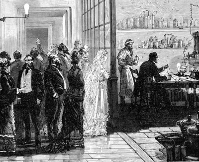 Thomas Edison experimenteert met elektrische lampen op zijn trouwdag, 1871-1883 door Unbekannt