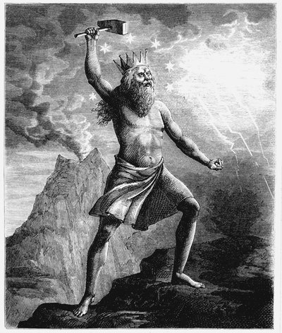 Thor, god van de donder in het Scandinavische pantheon, zwaaiend met zijn hamer, 1874 door Unbekannt