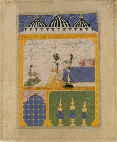 Drie dames in een paleisinterieur: Pagina uit een verspreide Laur Chanda, 1520-30 door Unbekannt