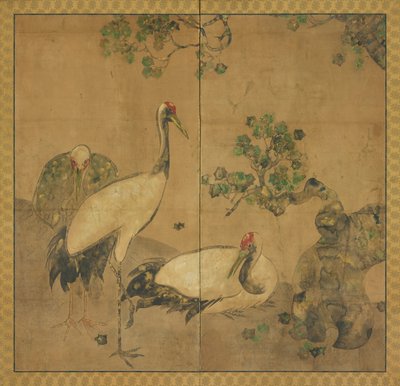 Drie kraanvogels onder een boom, Edo-periode, 1615-1868 door Unbekannt