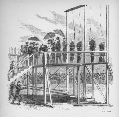 Drie mannen en een vrouw opgehangen voor de moord op Lincoln, ca. 1865, 1938 door Unbekannt