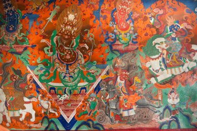 Tibetaans boeddhisme; oude muurschildering in de vergaderzaal; demon vecht met bogen en pijlen; Trakthok Gompa-klooster; Sakti bij Leh; Ladakh-district; Jammu en Kasjmir; India; Zuid-Azië; Azië door Unbekannt