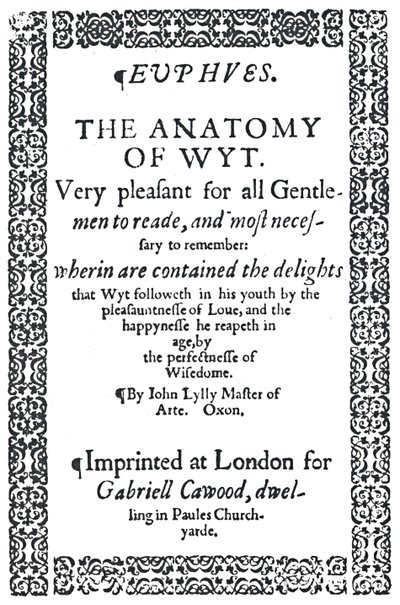 Titelpagina van John Lylys Euphues of The Anatomy of Wit, eerste editie door Unbekannt