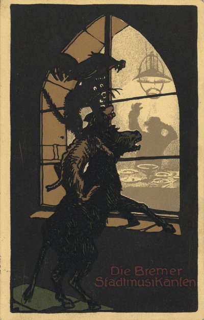 Titelontwerp van het boek Stadsmuzikanten van Bremen door de Gebroeders Grimm, 1910s door Unbekannt