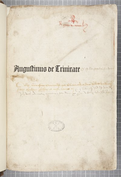 Titelpagina van De trinitate en De Civitate Dei cum commento, geschreven door Augustinus van Hippo (pen en inkt op papier) door Unbekannt