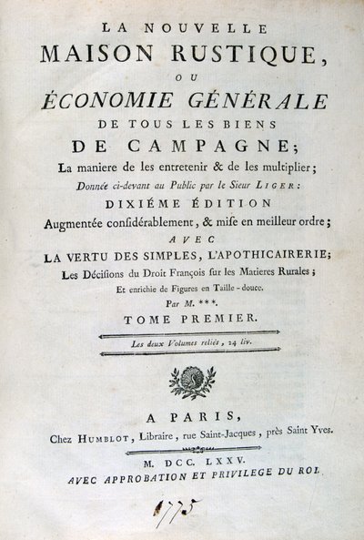 Titelpagina van La Nouvelle Maison Rustique, ou Economie Générale, 1775 door Unbekannt