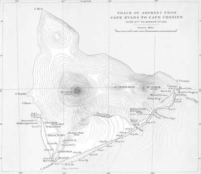 Route van de reis van Cape Evans naar Cape Crozier - 27 juni tot 1 augustus 1911, 1913 door Unbekannt