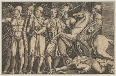 Trajanus vecht tegen de Daciërs, Trajanus te paard rechts rijdend naar een groep... door Unbekannt