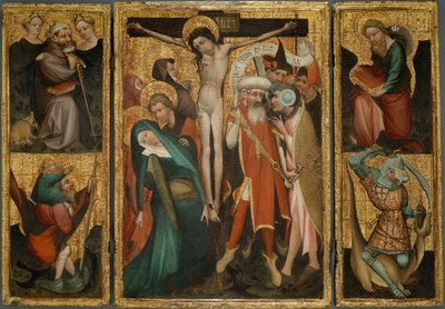Drieluik van de Kruisiging met de heiligen Antonius, Christoffel, Jacobus en George door Unbekannt