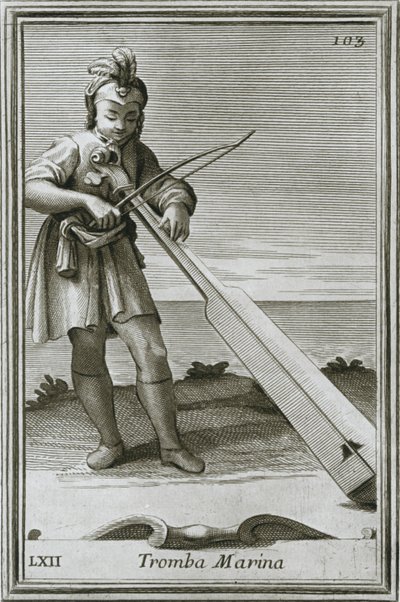 Trumscheit tromba marina, gravure uit F. Bonannis boek Cabinetto armonico, Rome, 1722, 1948 door Unbekannt