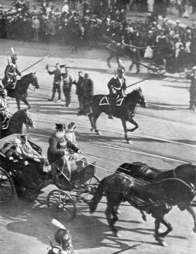 Tsaar Nicolaas II met bezoekende Franse president Poincare, St. Petersburg, Rusland, 21 juli 1914 door Unbekannt