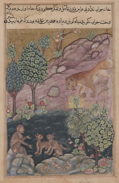 Tuti-Nama Verhalen van een papegaai: Verhaal XXIX, De leeuw keert terug naar zijn territorium en ziet, ca. 1560 door Unbekannt