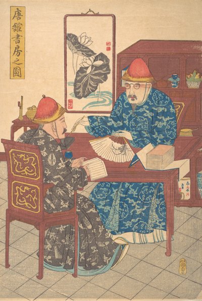 Twee Chinese Geleerden die Calligrafie Oefenen in hun Studio, ca. 1840 door Unbekannt