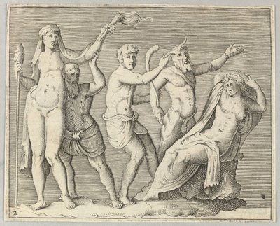 Twee figuren, een faun en een sater naderen een liggende vrouw, gepubliceerd ca. 1599-1622 door Unbekannt