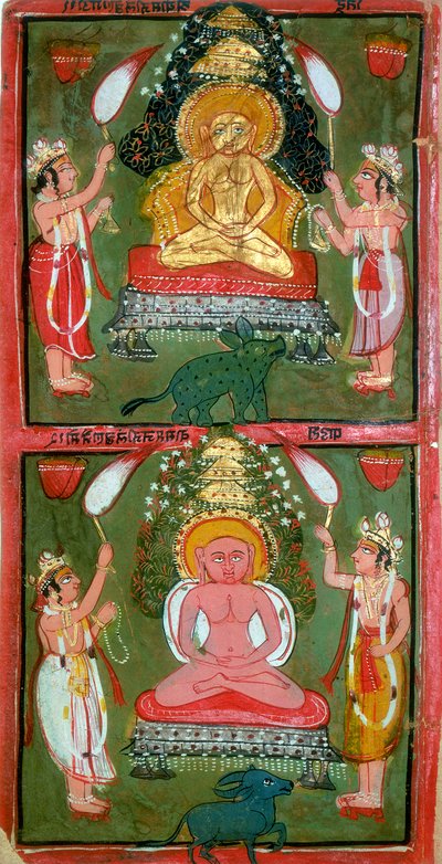 Twee Jain Tirthankaras of jina-voormakers en hun toegewijden, Bundi-regio, India, ca. 1720 door Unbekannt