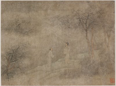 Twee mannen wandelen in mistig bos, Ming-dynastie, 1368-1644 door Unbekannt