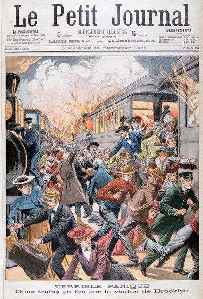 Twee treinen in brand op de Brooklyn Bridge, 1903 door Unbekannt