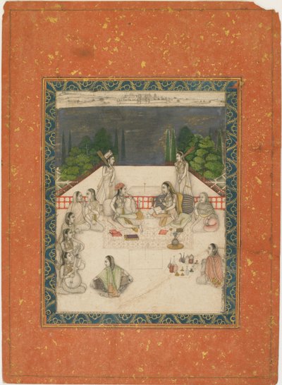 Twee vrouwen zittend op een terras, omringd door bedienden en muzikanten, ca. 1650 door Unbekannt
