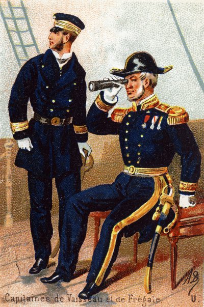 U: Kapitein schepen en fregat. Gravure in "Militair Alfabet" door Unbekannt
