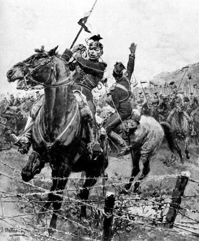 Ulanen gestopt door prikkeldraad nabij Luik, België, Eerste Wereldoorlog, 1914 door Unbekannt