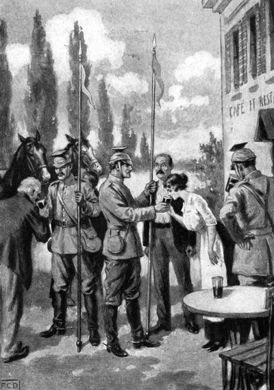 Ulanen vragen om verfrissingen van Belgische dorpelingen, Eerste Wereldoorlog, 1914 door Unbekannt