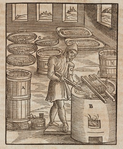 Een man test salpeter, gebruikt in buskruit en voor het conserveren van vlees - Gravure uit Beschrijving van mineralen en de belangrijkste mijnbouwmethoden, van Lazarus Ecker door Unbekannt