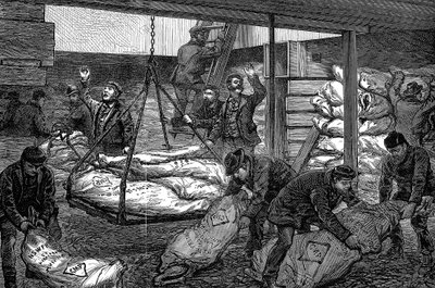 Lossen van bevroren vlees uit Australië, South West India Dock, Millwall, Londen, 1881 door Unbekannt