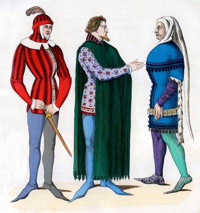 Knecht en heren in 14e-eeuwse kostuums, 1882-1884 door Unbekannt
