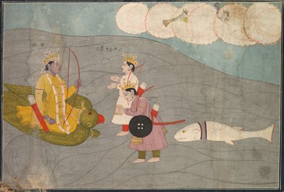 Vanasuras zonen onderwerpen zich aan Krishna: Scène uit de Aniruddha Usha sectie van Krishna Lila door Unbekannt