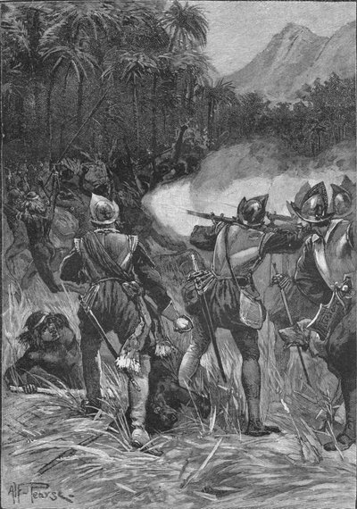 Vasco Nunez De Balboa vecht zich een weg naar de Cordilleras, ca. 1513, 1908 door Unbekannt