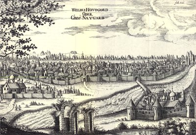 Velikiy Novgorod Illustratie uit Reizen naar de Grote Hertog van Moskou en de Koning van Perzië door Adam Olearius, 1656 door Unbekannt