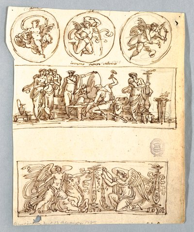 Venus bij de Smidse van Vulcanus, Winter, Overwinningen en Drie Rondellen, Putti als Elementen door Unbekannt