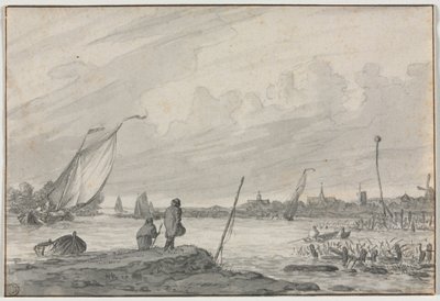 Gezicht op Alkmaar met boten, 1600s door Unbekannt