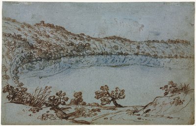 Uitzicht op het Meer van Nemi recto Kleine Groep Romeinse Ruïnes verso, ca. 1650 door Unbekannt