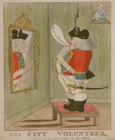 Gezicht op een gezette Stadsvrijwilliger die zichzelf in de spiegel bewondert, 1785 door Unbekannt