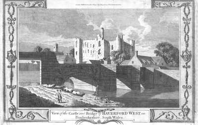 Uitzicht op het kasteel en de brug van Haverford West in Pembrokeshire, late 18e eeuw door Unbekannt