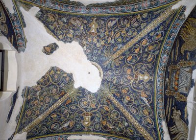 Zicht op het gewelfde plafond, van de Cappella di Santa Matrona (fresco) door Unbekannt